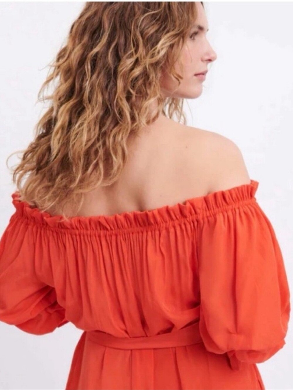 MERSEA x Anthropologie Tulum Ruffle Dress Sunset Orange Off Shoulder Medium - Picture 4 of 16